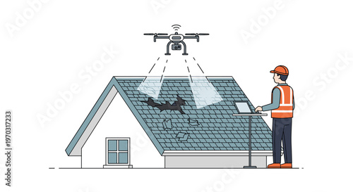 A male inspector uses a laptop while a drone scans a damaged grey-tiled roof of a house with light beams on a white background.