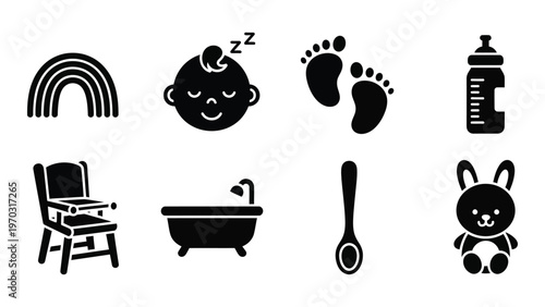 A collection of black silhouette icons depicts baby related items like a rainbow footprints bottle and rocking chair high quality professional