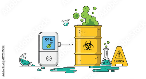 A digital hygrometer measures humidity near a biohazard barrel overflowing with green foam, a broken orb, and a caution sign on a white background.
