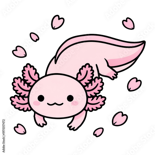 Axolotl cartoon kawaii cute pink amphibian animal illustration character smiling axolotl with petal confetti transparency background