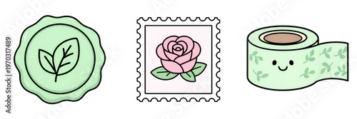 Leaf icon rose stamp decorative tape cute illustration pastel green simple design vector set transparency background for stationery scrapbook