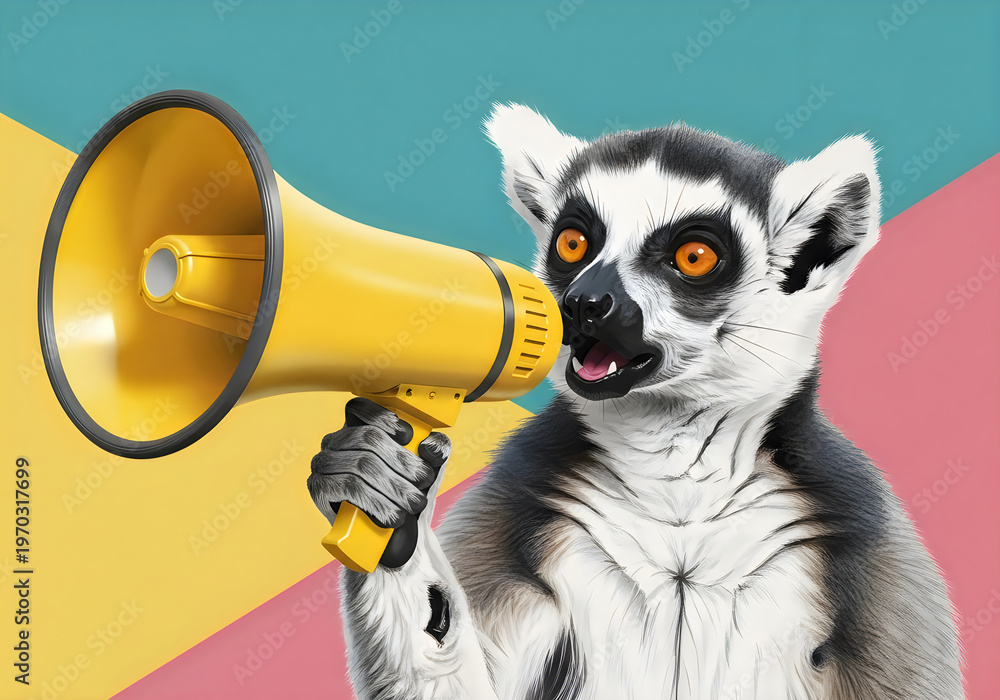 Fototapeta premium A ring tailed lemur intensely shouts into a bright yellow megaphone against a vibrant colorful geometric background creating a striking image