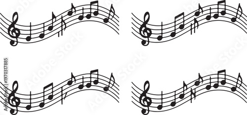 Four independent musical staves filled with various notes and clef symbols