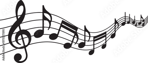 Elegant Waving Musical Staff with Treble Clef and Flowing Black Notes Melody