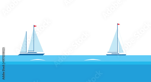 Two white sailboats with red flags sail on a calm blue ocean under a white sky.