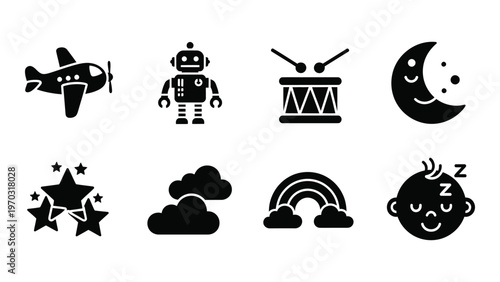 A collection of black silhouette icons depicting childhood themes such as airplanes robots dreams and playful imagery high quality professional detailed