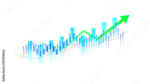 Cryptocurrency trading interface with blue bars and growth indicators. Financial analytics visualization showing positive stock exchange momentum and asset value rise.