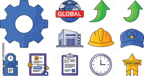 Business Growth and Management Icon Set Featuring Gear, Global, Hard Hat, Clock, and Excellence