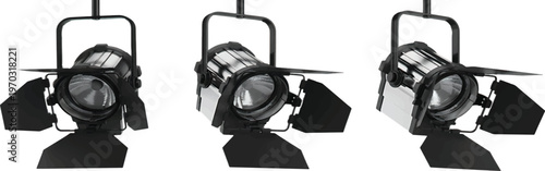 Four stage spotlights isolated on transparent background for lighting and performance visuals.