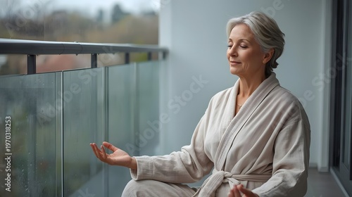 Serene Meditation on Balcony: A woman gracefully meditates on a balcony, finding inner peace amidst the tranquil atmosphere.