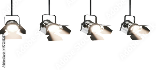 Four stage spotlights isolated on transparent background for lighting and performance visuals.
