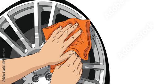 Two hands with an orange cloth are meticulously cleaning a silver car wheel rim.