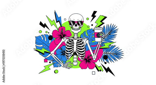 Sarcastic Skull with Coffee and Sunglasses in a Tropical Neon Summer Illustration