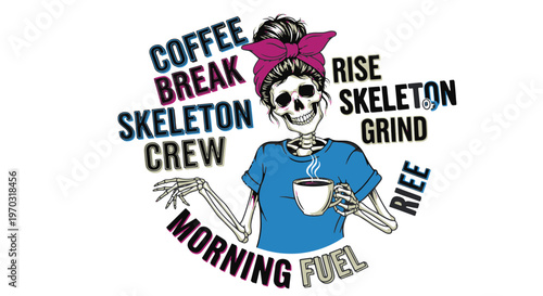 Skeleton Character with a Sarcastic Skull Enjoying a Morning Coffee Break Before Starting the Daily Grind