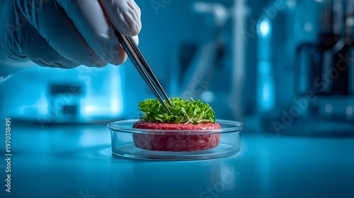 Cultured Meat Laboratory: A scientist meticulously tends to a laboratory-grown meat sample adorned with fresh greens, signifying a breakthrough in food innovation.