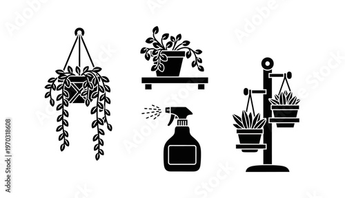 Collection of hanging plants and watering can icons, symbolizing home gardening and plant care