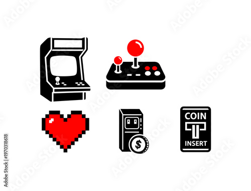 Classic arcade gaming vector icons retro machine, vintage joysticks, pixelated heart, and coin slot elements for digital nostalgia and entertainment designs