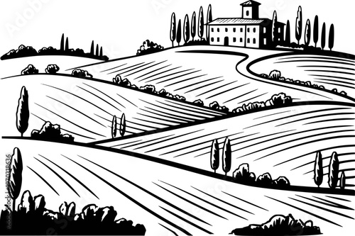 Black and white of a Tuscan villa surrounded by rolling hills and vineyards tuscany