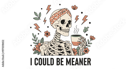 Skeleton Sarcastic Skull with Bandana Holding Coffee Mug and Boho Floral Elements Humorous Art