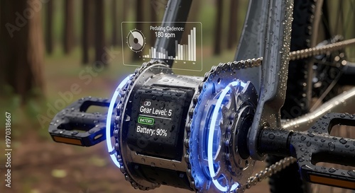 Advanced electronic bicycle gear system with OLED display showing battery level and gear status with holographic cadence data