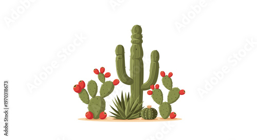 A saguaro cactus, two prickly pear cacti with red fruits, a barrel cactus, and an agave plant grow on a sandy patch.