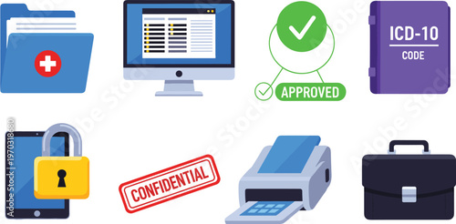 Medical and Confidential Data Icon Set Featuring Folders, Computer, ICD-10 Code, Printer, and Lock