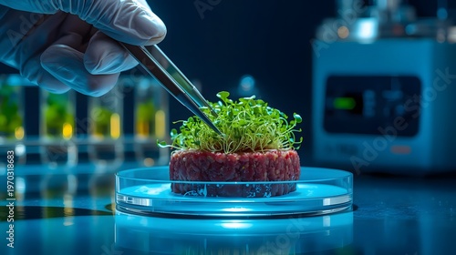 Cultured Meat: A hand carefully places delicate greens onto a sample of cultured meat in a sterile laboratory setting.