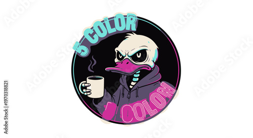 Duck Character Sarcastic Skull Holding Coffee Mug in Trendy Hoodie with Visible Ribs and Cool Expression