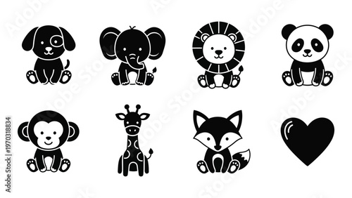 A collection of simple black and white cartoon animal icons including a dog elephant lion panda monkey and giraffe high quality