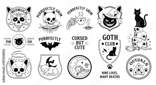 Gothic Sarcastic Skull and Cat Illustrations with Humorous Spooky Halloween Designs