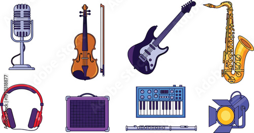 Music Instruments and Equipment Icon Set Featuring Microphone, Guitar, Saxophone, Keyboard, and Headphones