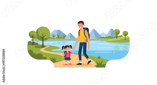 A father and daughter holding hands walk on a winding dirt path beside a blue lake with green trees and mountains.
