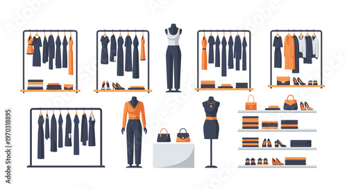 A women's clothing store interior displays black and orange garments on racks, mannequins, and shelves with shoes and handbags.