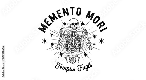Sarcastic Skull Illustration with Memento Mori and Tempus Fugit Text and Radiating Stars