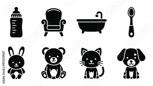 A collection of simple black silhouette icons depicting baby items furniture and various animal companions high quality professional detailed modern elegant