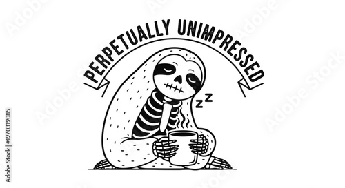 Sarcastic Skull Sloth Character Perpetually Unimpressed Holding Coffee with Sleeping Zzz Humor