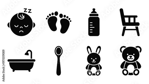 A collection of simple black glyphs depicting baby related items like a bottle footprints and a teddy bear high quality professional