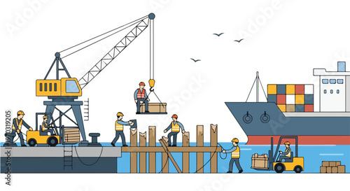 A flat vector artwork showing workers at a harbor repairing docks and equipment, designed with simple geometric industrial forms, clean flat styling, and a white background.