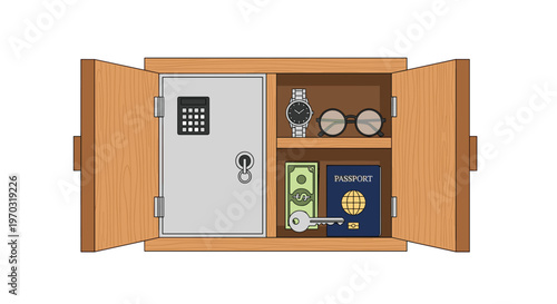 An open wooden cabinet displays a grey safe, a watch, glasses, money, a passport, and a key on shelves inside.