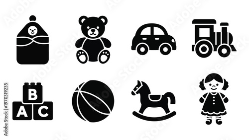 A collection of black silhouette icons depicting various baby and toddler toys including a car train and blocks high quality professional