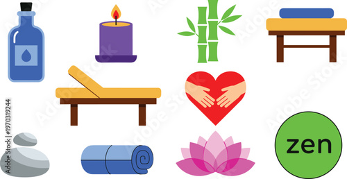 Spa and Wellness Icon Set Featuring Essential Oil, Candle, Bamboo, Massage Table, and Zen Symbols