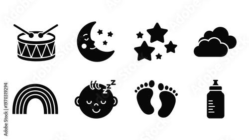 A collection of black silhouette icons depicting baby related items like a drum moon stars and sleep symbols high quality professional