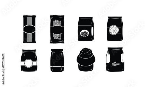 Assorted black and white packaged food items illustration