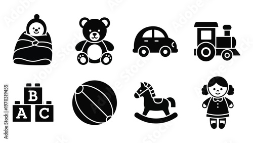 A collection of simple black silhouette icons depicts classic baby and toddler toys including a bear car and blocks high quality