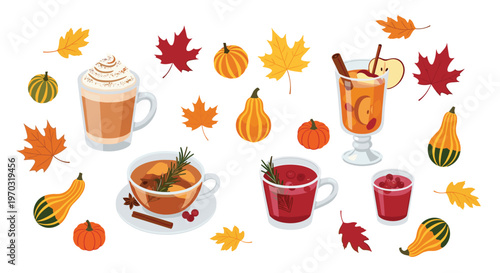 A collection of five autumn-themed beverages, eleven colorful leaves, and eight decorative gourds are scattered on a white background.