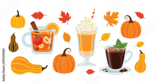 Three autumn beverages, twelve colorful leaves, and seven decorative gourds are scattered on a white background.