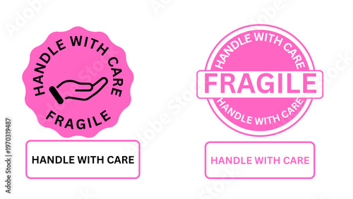 Two pink graphic design elements are shown: a scalloped label with a hand icon and a circular label. Both feature "FRAGILE" and "HANDLE WITH CARE" text, suggesting shipping labels.

