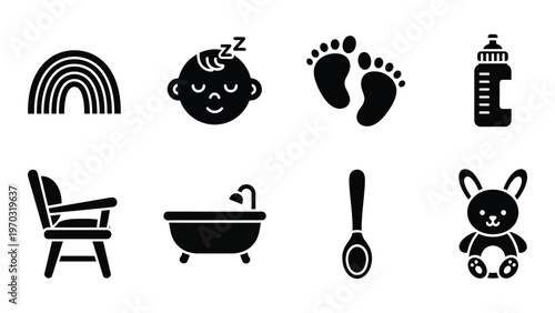 A collection of black glyph icons representing baby essentials a rainbow footprints bottle and more high quality professional detailed modern elegant