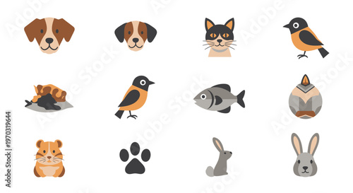 Cartoon animal faces and icons illustration collection for design elements