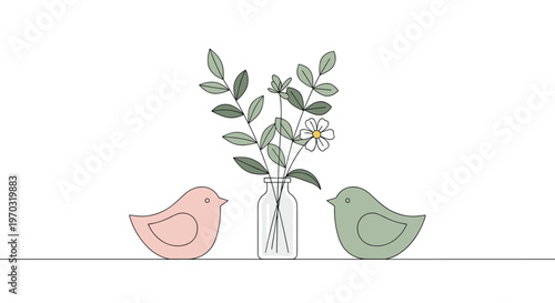 Two stylized birds, a pink one and a green one, face each other across a vase with green leaves and a white flower.